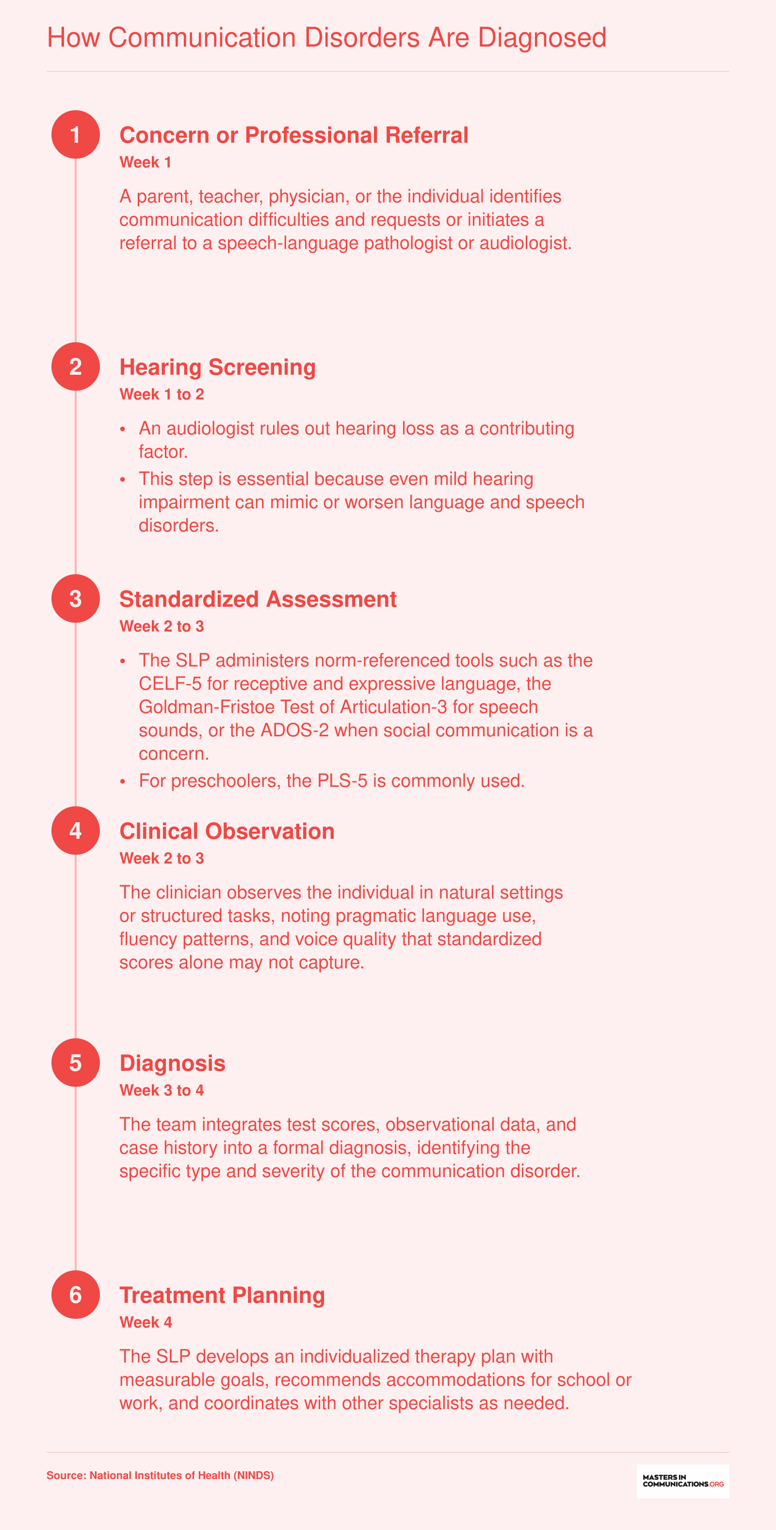 Six-step diagnostic pathway from initial concern through hearing screening, standardized assessment, clinical observation, diagnosis, and treatment planning