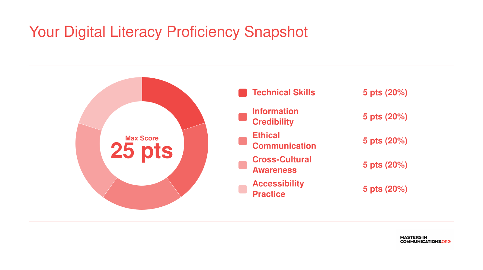 Self-rating scorecard with five digital literacy competencies each scored 1 to 5, totaling a maximum of 25 points