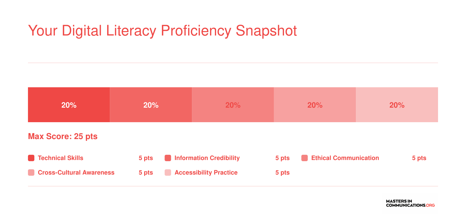 Self-rating scorecard with five digital literacy competencies each scored 1 to 5, totaling a maximum of 25 points